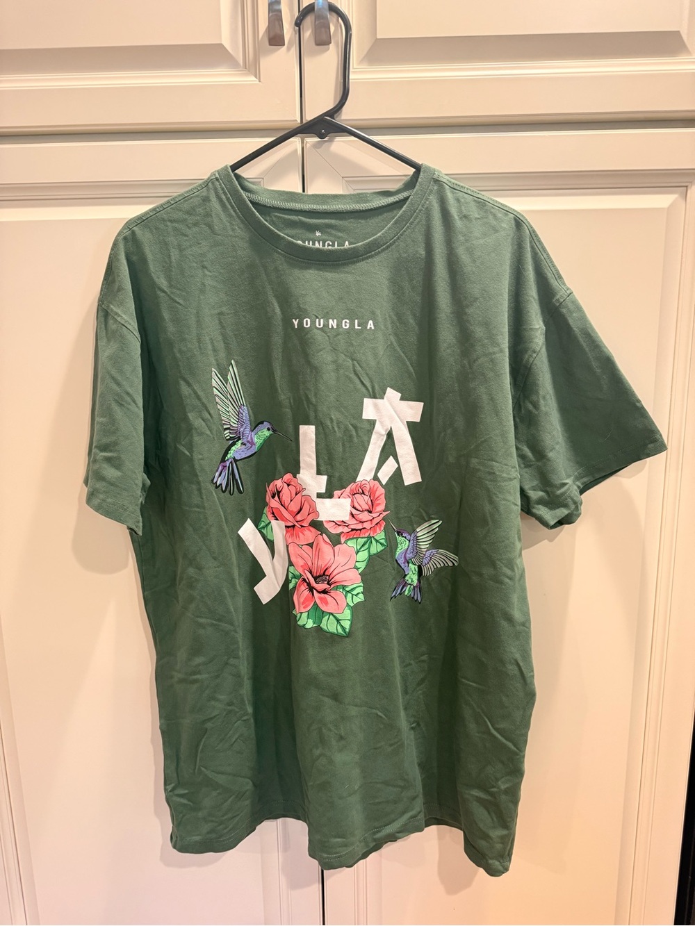 YoungLA Olive Green Tee with Pink Floral & Hummingbird Graphic